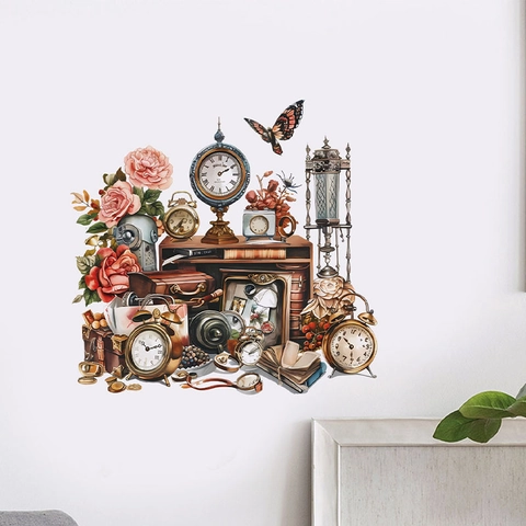 Vintage Clock Flower Butterfly Wall Sticker Retro Steampunk PVC Self Adhesive Decorative Decal For Living Room Home Decor