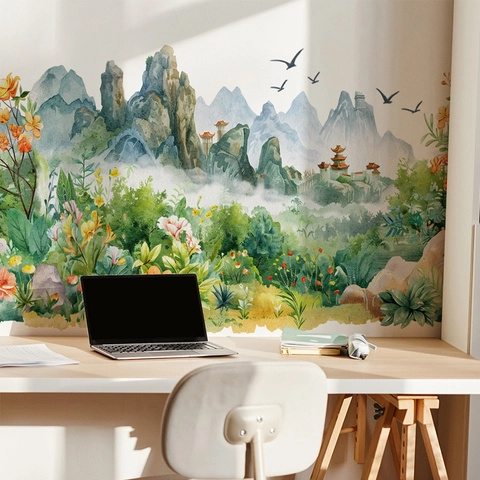 Adesivo da Parete in Stile Cinese Acquerello Paesaggio Montagna Fiore Murale Decorativo in PVC Removibile per Soggiorno Camera da Letto