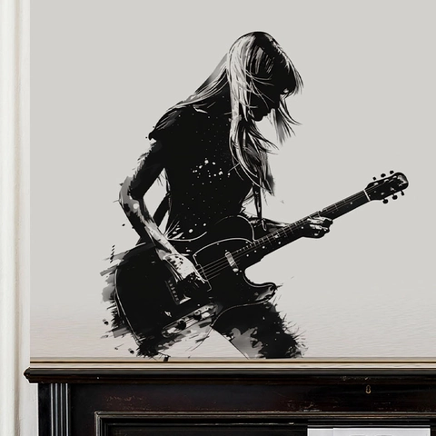Moderno Rock Musica Chitarrista Ragazza Silhouette Adesivo da Parete Rimovibile PVC Decorativo per Soggiorno Camera da Letto Casa