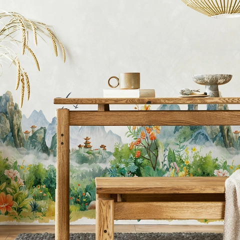 Adesivo da Parete in Stile Cinese Acquerello Paesaggio Montagna Fiore Murale Decorativo in PVC Removibile per Soggiorno Camera da Letto