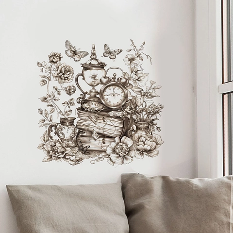 Vintage Hand-drawn Flower Butterfly Clock Book Wall Sticker Removable PVC Self-adhesive Decal For Home Living Room Bedroom Decor