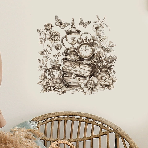 Vintage Hand-drawn Flower Butterfly Clock Book Wall Sticker Removable PVC Self-adhesive Decal For Home Living Room Bedroom Decor