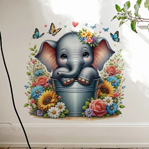 Cartoon Tier Im Eimer Wandaufkleber Abnehmbar PVC Floral Elefant Panda Katze Dekorative Aufkleber Für Kinderzimmer Wohnzimmer