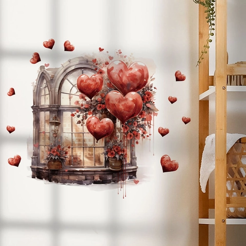 Watercolor Heart Balloon Faux Window Wall Sticker Removable PVC Self Adhesive Art Decal For Living Room Bedroom Home Decor