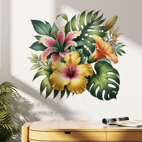 Tropische Pflanzen Tier Wandaufkleber Abnehmbare PVC Aufkleber Papagei Tiger Leopard Hibiskus Blume Monstera Blätter Für Home Dekor
