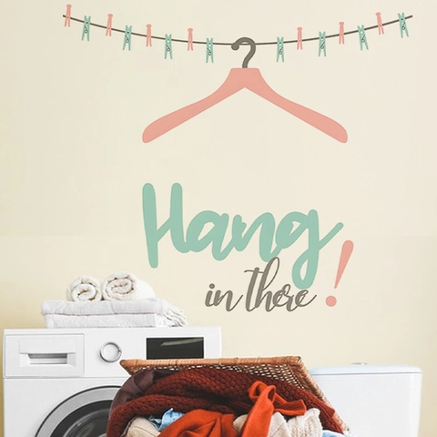 Hang In There Clothes Rack Wall Decal Self Adhesive PVC Laundry Room Decor Cartoon Motivational Lettering Wall Sticker
