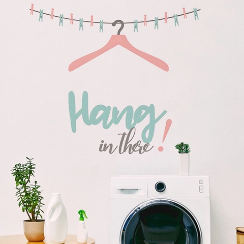 Hang In There Clothes Rack Wall Decal Self Adhesive PVC Laundry Room Decor Cartoon Motivational Lettering Wall Sticker