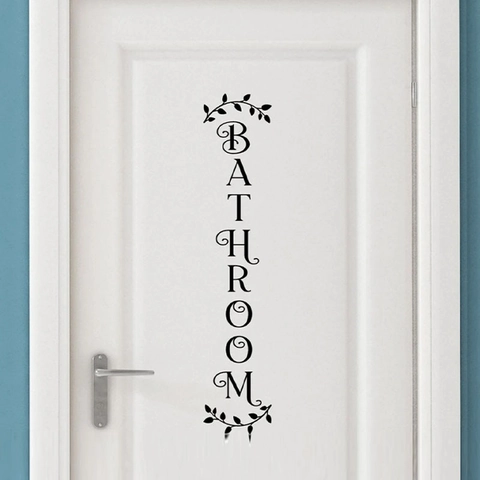 Adesivo Murale Scritta Bathroom Decalcomania Verticale per Porta Impermeabile in PVC Vinile Decorazione Artistica per Bagno Toilette Minimalista Foglia Nero