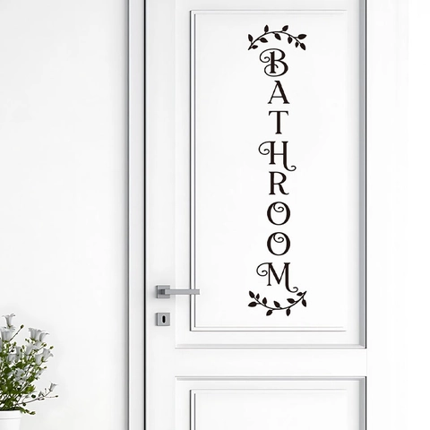 Adesivo Murale Scritta Bathroom Decalcomania Verticale per Porta Impermeabile in PVC Vinile Decorazione Artistica per Bagno Toilette Minimalista Foglia Nero