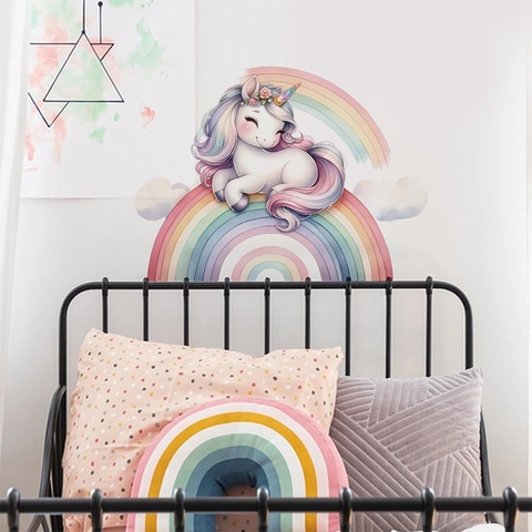 Cartoon Unicorn Rainbow Sun Wall Stickers PVC Self-Adhesive Removable Decals For Kids Girl Bedroom Nursery Home Decor