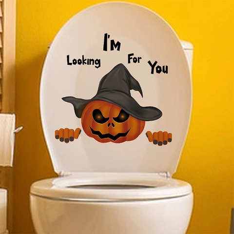 Halloween Pumpkin Witch Hat Toilet Sticker Waterproof PVC Wall Decal Funny Ghost Face Bathroom Home Party Decoration