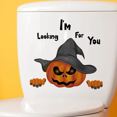 Halloween Pumpkin Witch Hat Toilet Sticker Waterproof PVC Wall Decal Funny Ghost Face Bathroom Home Party Decoration