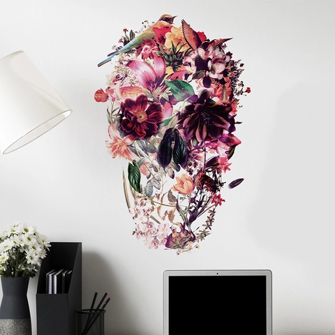 Adesivo da Parete in PVC Teschio Floreale Rimovibile Artistico Fiori Uccelli Adesivo Decorativo Casa Soggiorno