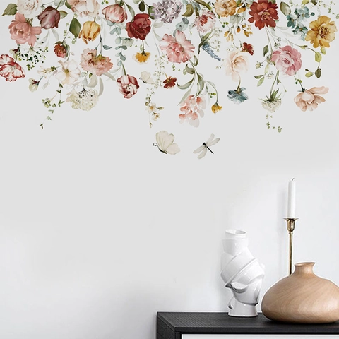 Pegatinas de Pared de Flores y Mariposas Acuarela PVC Removible Autoadhesivo Calcomanías Botánicas para Sala de Estar Dormitorio