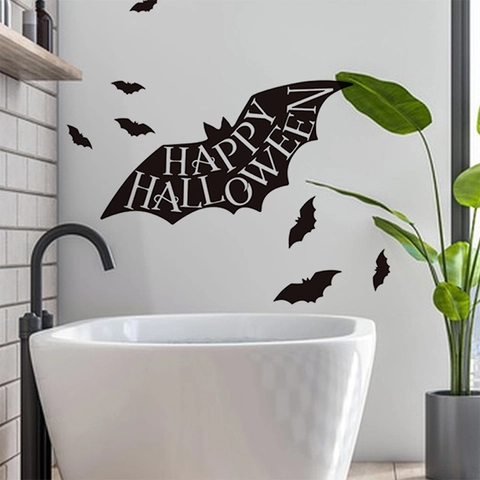 Halloween Fledermaus Wandtattoo Abnehmbares Schwarzes PVC Silhouette Dekor Happy Halloween Schriftzug Für Badezimmer Heimdeko