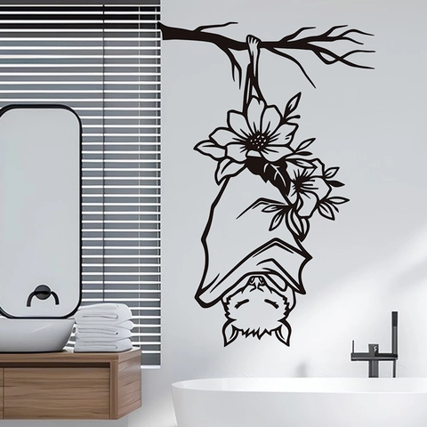 Halloween Cartoon Fledermaus Wandtattoo Hängende Fledermaus Blumen Zweig Abnehmbare PVC Aufkleber Für Wohnzimmer Bad Dekor