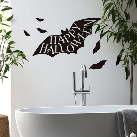Halloween Fledermaus Wandtattoo Abnehmbares Schwarzes PVC Silhouette Dekor Happy Halloween Schriftzug Für Badezimmer Heimdeko