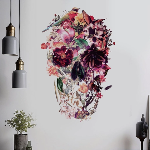 Adesivo da Parete in PVC Teschio Floreale Rimovibile Artistico Fiori Uccelli Adesivo Decorativo Casa Soggiorno