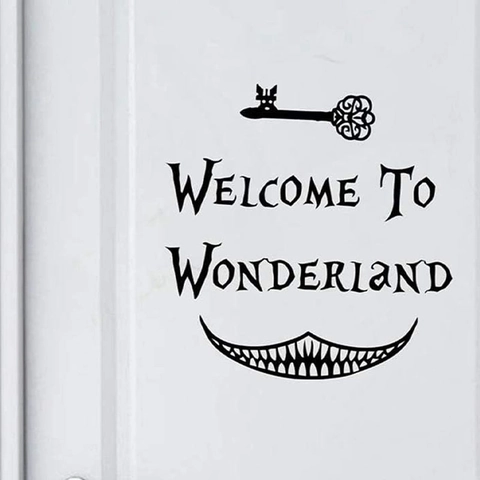 Fantasy Welcome To Wonderland Phrase Wall Sticker With Key And Smile Pattern Black PVC Self Adhesive Removable Home Decor Decal