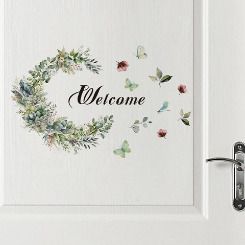 Aquarell Grüner Kranz Welcome Wandaufkleber PVC Abnehmbar Blume Schmetterling Tür Aufkleber Für Wohnzimmer Eingang