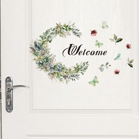 Aquarell Grüner Kranz Welcome Wandaufkleber PVC Abnehmbar Blume Schmetterling Tür Aufkleber Für Wohnzimmer Eingang