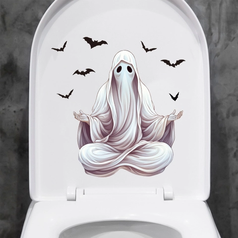 Halloween Cartoon Tier Toilettenaufkleber Abnehmbare Wasserdichte PVC Wandtattoos Für Badezimmer Dekor Schwarze Katze Geist Skelett Muster