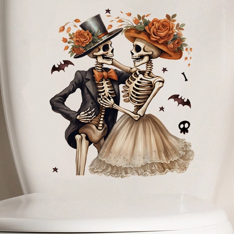 Halloween Cartoon Tier Toilettenaufkleber Abnehmbare Wasserdichte PVC Wandtattoos Für Badezimmer Dekor Schwarze Katze Geist Skelett Muster
