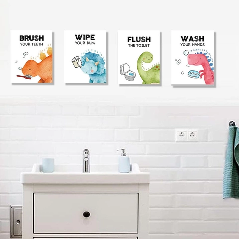 Autocollants Muraux de Salle de Bain en PVC Dinosaures Aquarelle Guide des Habitudes pour Décoration de Chambre d'Enfants