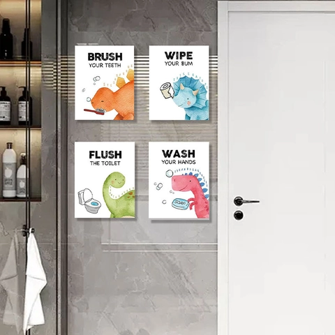 Autocollants Muraux de Salle de Bain en PVC Dinosaures Aquarelle Guide des Habitudes pour Décoration de Chambre d'Enfants