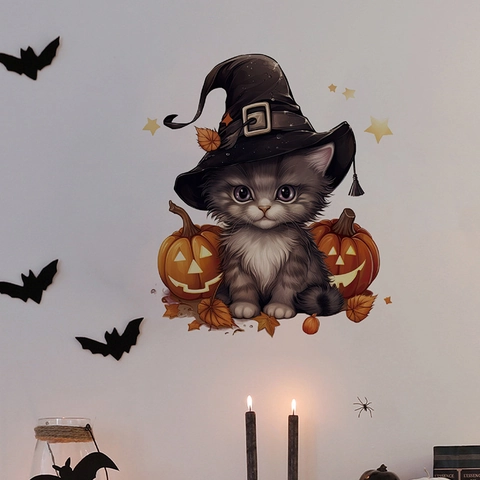 Halloween Kürbis Tier Wandaufkleber PVC Abnehmbare Cartoon Katze Hund Zaubererhut Aufkleber Für Wohnzimmer Schlafzimmer Party Deko