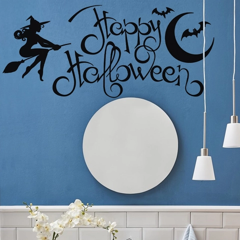 Halloween Wall Sticker Black Witch Moon Bat Silhouette Removable PVC Decal Happy Halloween Festive Decoration For Home Bathroom