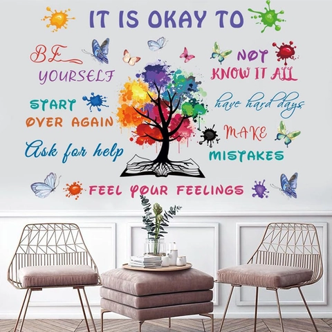 Adesivo da Parete Albero Della Vita Colorato Con Citazioni Ispiratrici Farfalle Acquerello in PVC per Decorazione Casa
