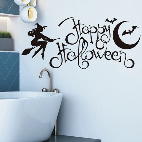 Halloween Wall Sticker Black Witch Moon Bat Silhouette Removable PVC Decal Happy Halloween Festive Decoration For Home Bathroom