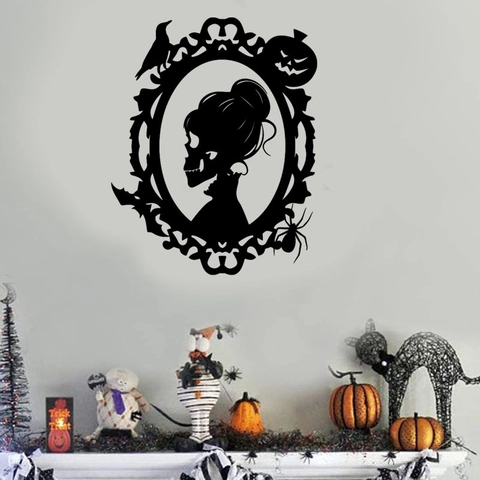 Halloween Wandaufkleber Schwarz Skelett Silhouette Abnehmbar PVC Aufkleber Vintage Gothic Rahmen Spinne Krähe Deko Für Party