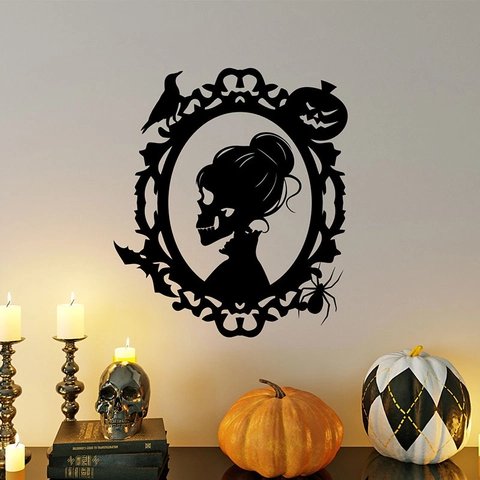 Halloween Wandaufkleber Schwarz Skelett Silhouette Abnehmbar PVC Aufkleber Vintage Gothic Rahmen Spinne Krähe Deko Für Party