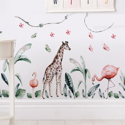 Adhesivo de Pared Acuarela Jirafa Flamenco Hojas Tropicales Calcomanía de PVC Removible para Sala de Estar Dormitorio Infantil