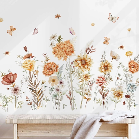 Bohemian Aquarell Blumen Wandaufkleber Orange Sonnenblume Schmetterling Wandtattoos Für Wohnzimmer Schlafzimmer Deko