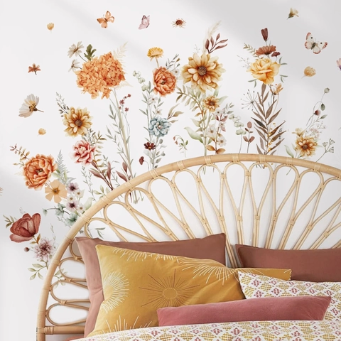 Bohemian Aquarell Blumen Wandaufkleber Orange Sonnenblume Schmetterling Wandtattoos Für Wohnzimmer Schlafzimmer Deko