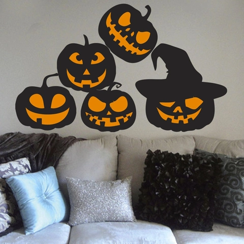 Pegatinas de Pared de Calabaza de Halloween PVC Removible Dibujos Animados Sombrero de Mago Silueta Negra Calcomanías DIY