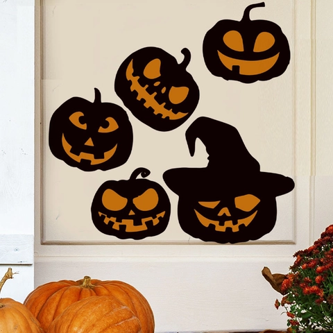 Pegatinas de Pared de Calabaza de Halloween PVC Removible Dibujos Animados Sombrero de Mago Silueta Negra Calcomanías DIY