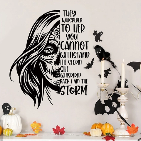 Halloween Wandtattoos Schwarz Silhouette Katze Hexe Sugar Skull Frau Zitate Abnehmbare PVC Aufkleber Für Home Party Deko