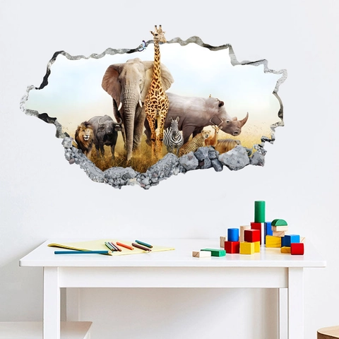 Pegatina de Pared 3D de Pared Rota de Vida Silvestre Africana PVC Impermeable Elefante Jirafa León Mural para Dormitorio Infantil