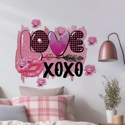 Adesivi Murali di San Valentino Removibili in PVC Gatto Cartone Animato Cupido Angelo Cuore Decorazione Romantica per Camera