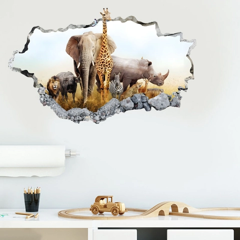 Pegatina de Pared 3D de Pared Rota de Vida Silvestre Africana PVC Impermeable Elefante Jirafa León Mural para Dormitorio Infantil