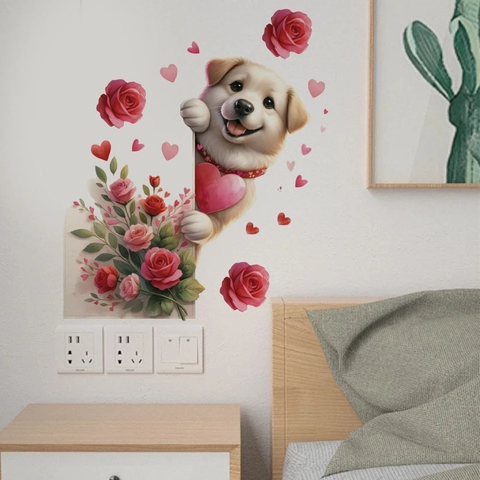 Valentinstag Wandaufkleber Süßer Cartoon Hund Rose Herz Muster PVC Selbstklebend Abnehmbar Haus Dekor Wandtattoo