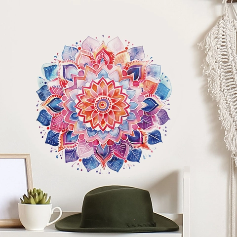 Adesivo Murale Mandala ad Acquerello in PVC Rimovibile Autoadesivo Boemo Floreale per Soggiorno Camera da Letto Casa