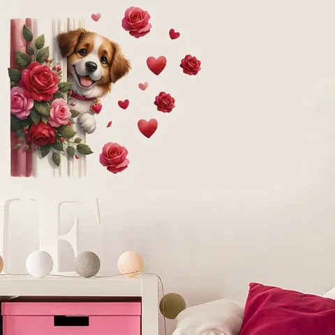 Valentinstag Wandaufkleber Süßer Cartoon Hund Rose Herz Muster PVC Selbstklebend Abnehmbar Haus Dekor Wandtattoo