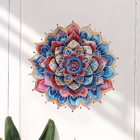 Adesivo Murale Mandala ad Acquerello in PVC Rimovibile Autoadesivo Boemo Floreale per Soggiorno Camera da Letto Casa