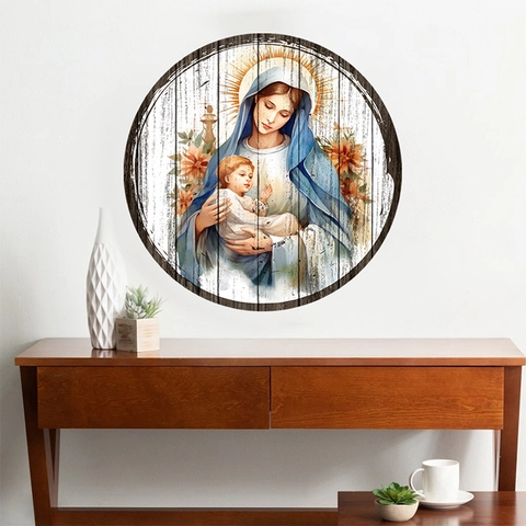 Sticker Mural Rond en PVC Grain de Bois Vintage Style Peinture à l'Huile Art Religieux Nourriture Désert Animal Décoration Maison