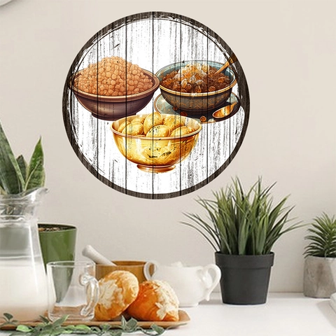 Sticker Mural Rond en PVC Grain de Bois Vintage Style Peinture à l'Huile Art Religieux Nourriture Désert Animal Décoration Maison